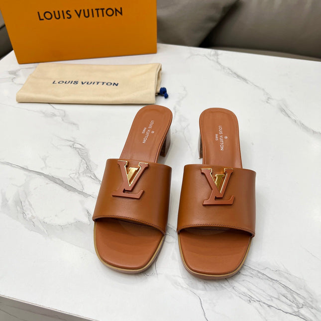 LV 26S CAPRI HIGH-HEELED MULES IN BROWN CALFSKIN