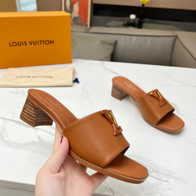 LV 26S CAPRI HIGH-HEELED MULES IN BROWN CALFSKIN