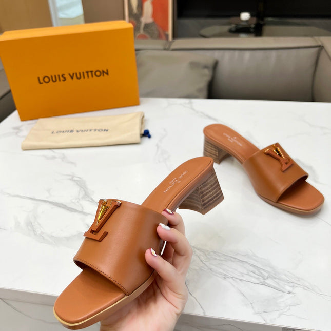 LV 26S CAPRI HIGH-HEELED MULES IN BROWN CALFSKIN