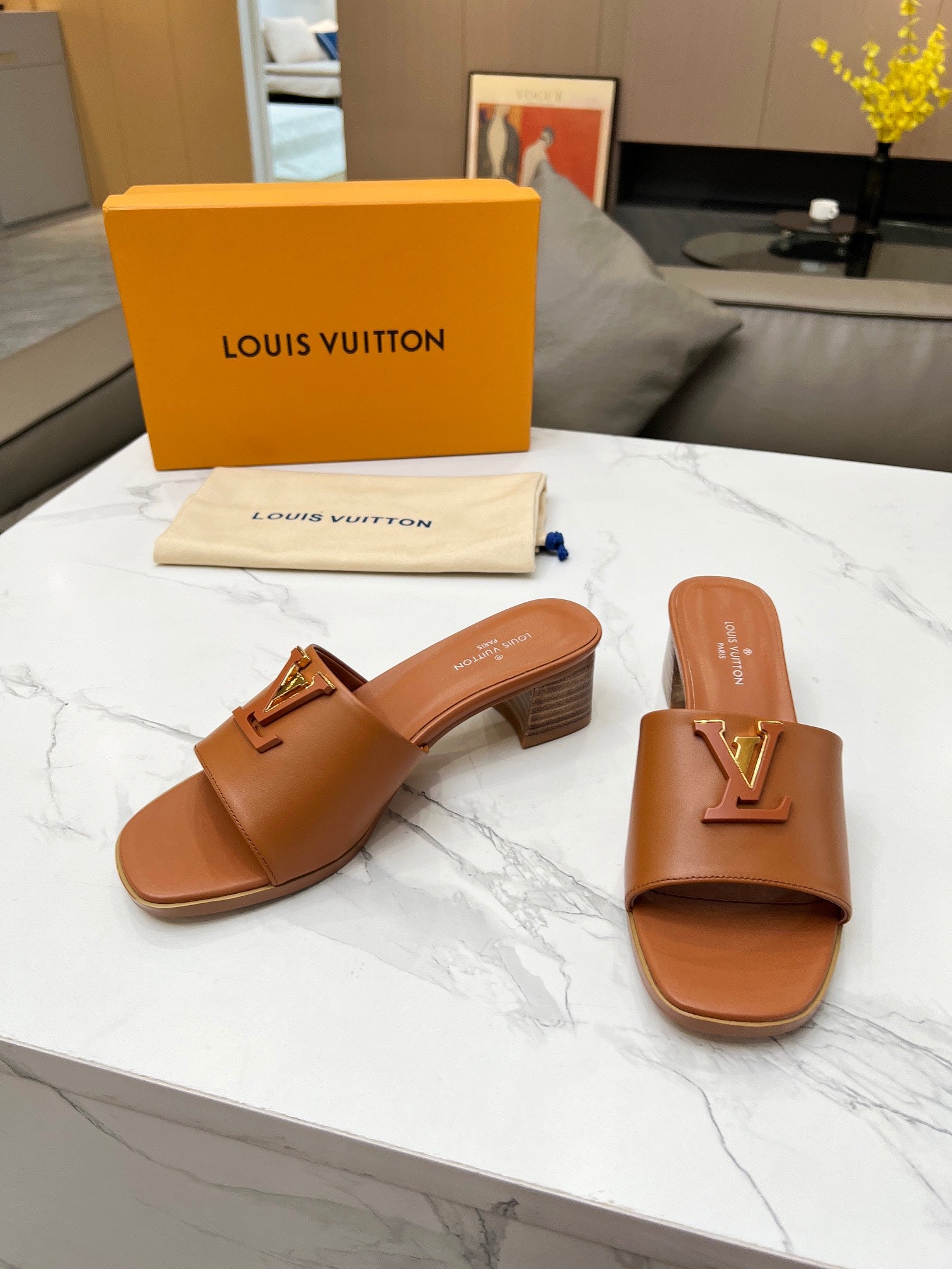 LV 26S CAPRI HIGH-HEELED MULES IN BROWN CALFSKIN