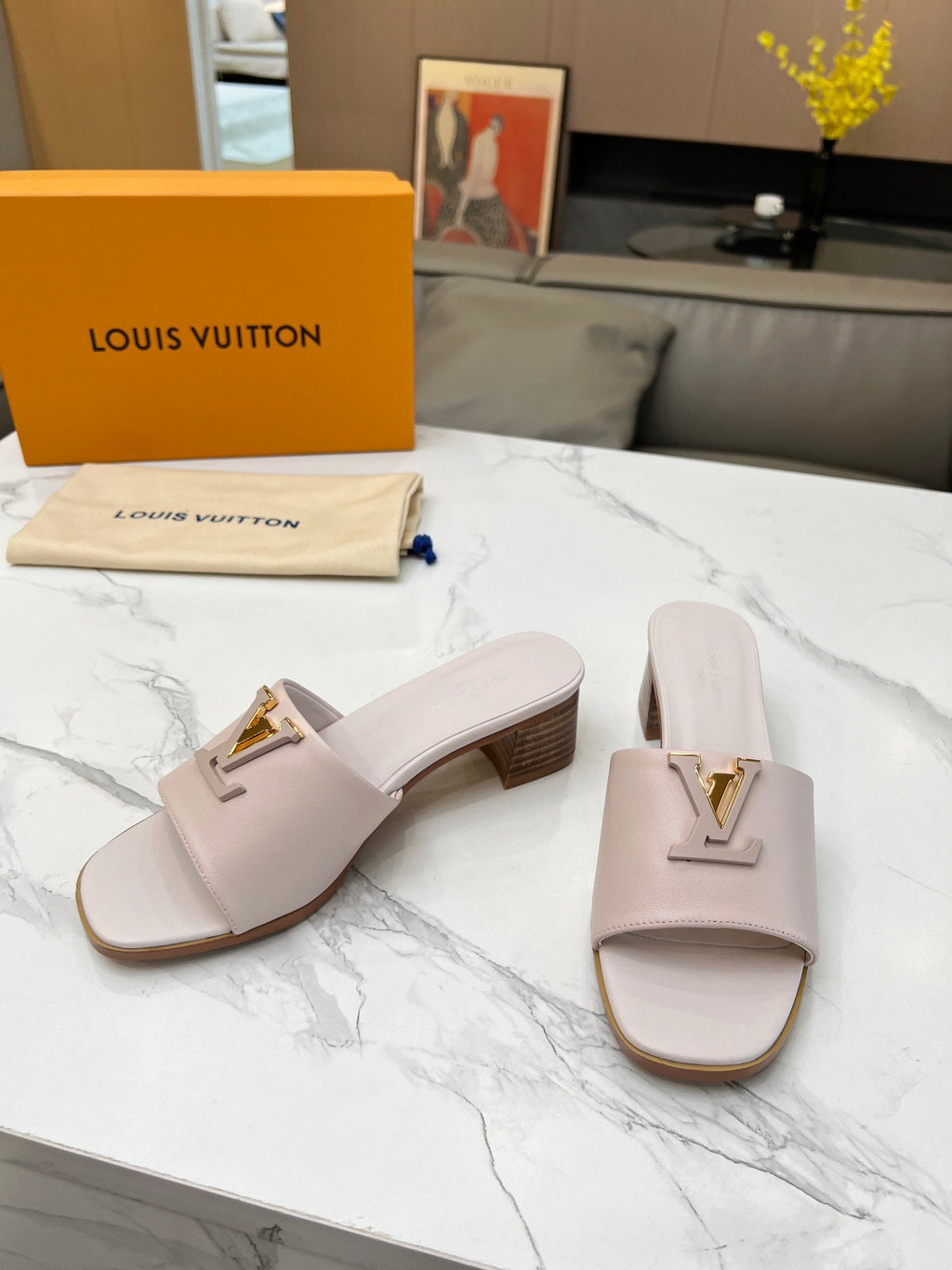 LV 26S CAPRI HIGH-HEELED MULES IN DARK BEIGE CALFSKIN