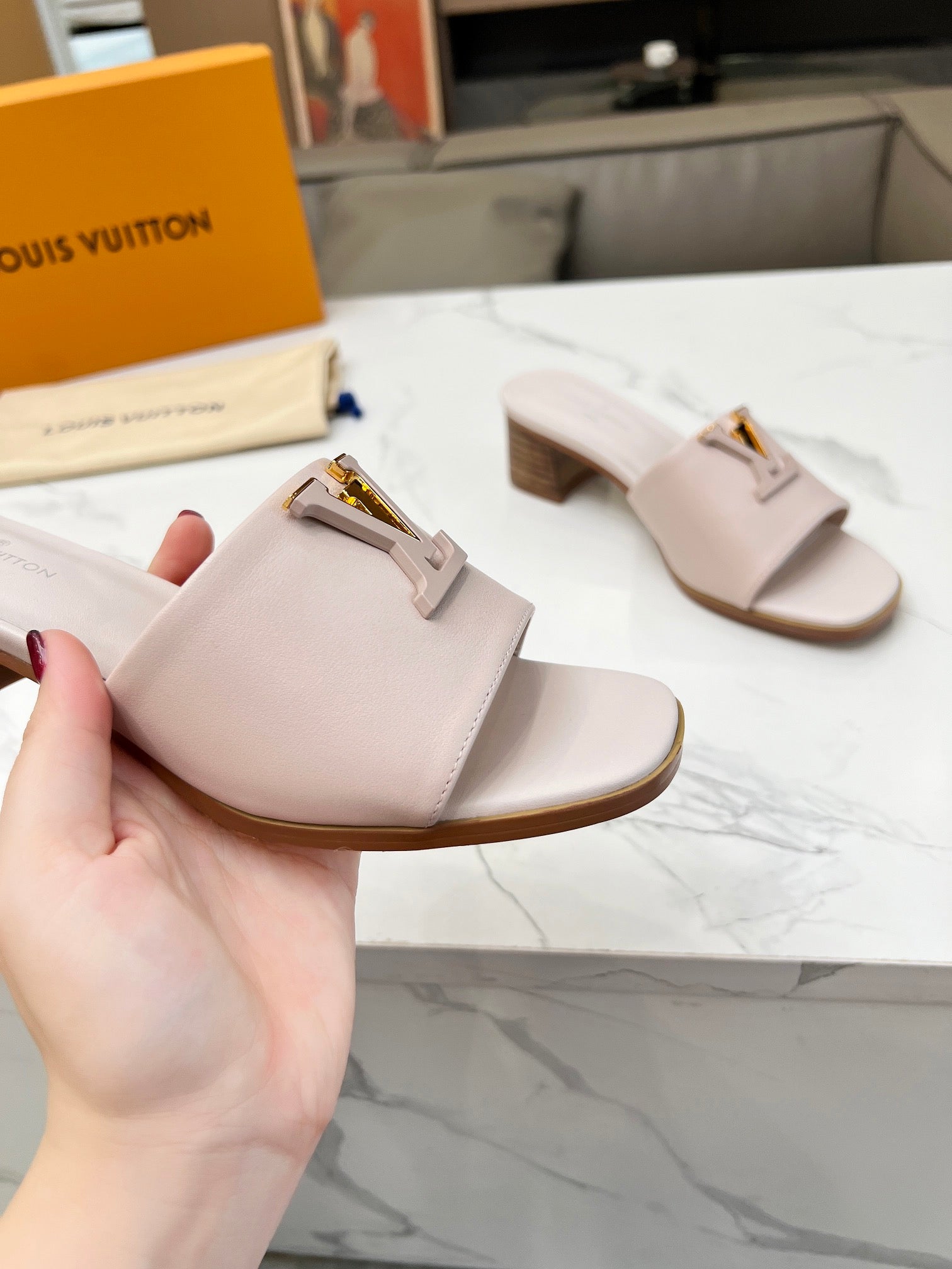 LV 26S CAPRI HIGH-HEELED MULES IN DARK BEIGE CALFSKIN