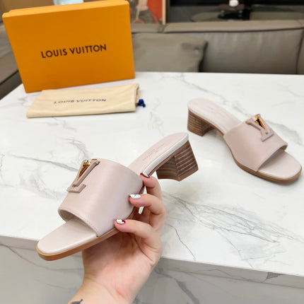 LV 26S CAPRI HIGH-HEELED MULES IN DARK BEIGE CALFSKIN