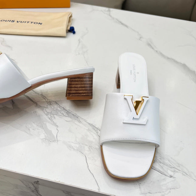 LV 26S CAPRI HIGH-HEELED MULES IN WHITE CALFSKIN