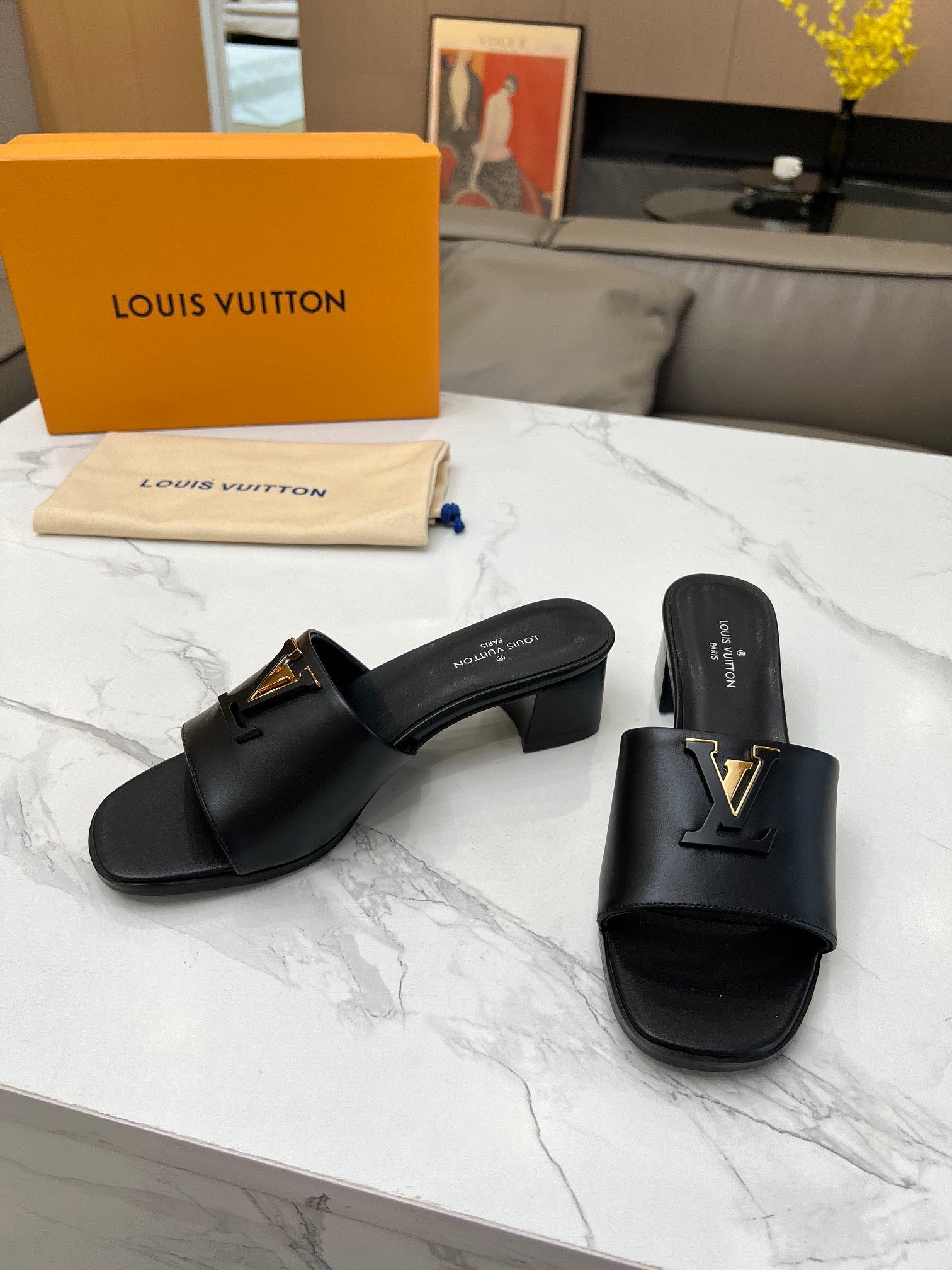 LV 26S CAPRI HIGH-HEELED MULES IN BLACK CALFSKIN