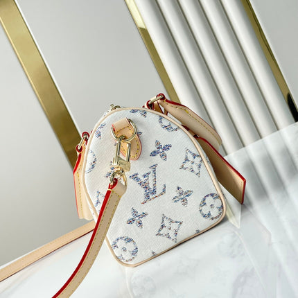 SPEEDY BANDOULIÈRE 20 IN WHITE MONOGRAM JACQUARD FABRIC AND BEIGE CALFSKIN TRIM
