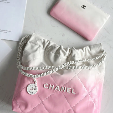 CHANEL 22 BAG 25S 42 CM IN PASTEL PINK MIX WHITE LAMBSKIN WITH WHITE HARDWARE