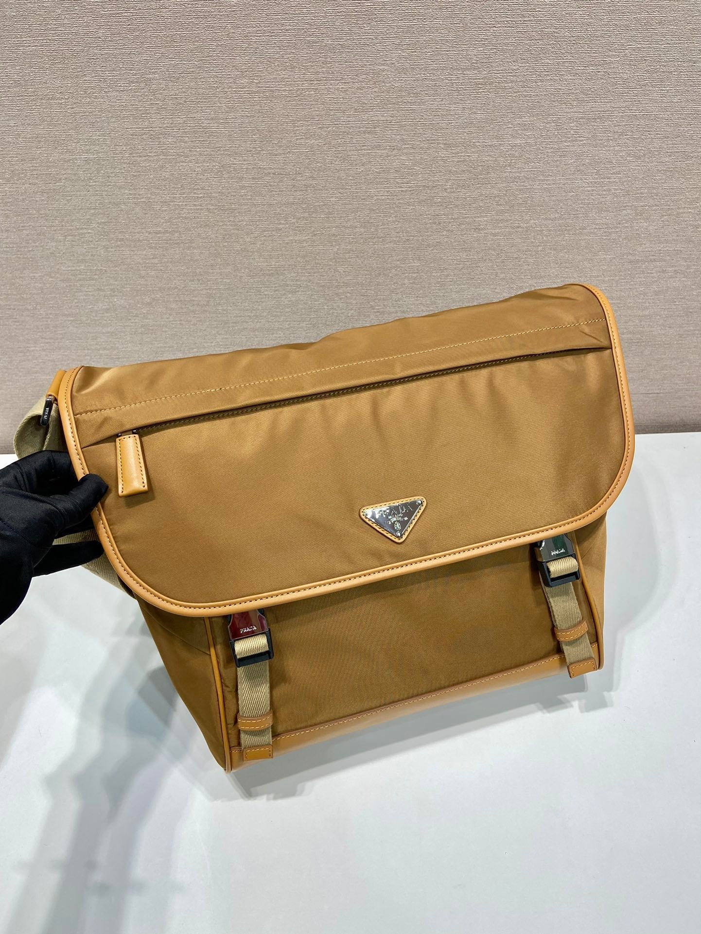 LARGE FLAP BAG 30 IN CIDER BROWN RE-NYLON AND CALFSKIN TRIM
