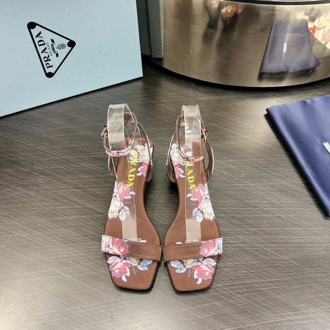 PRA TRIANGLE HEEL FLOWER MOTIF SATIN SANDALS CINNAMON