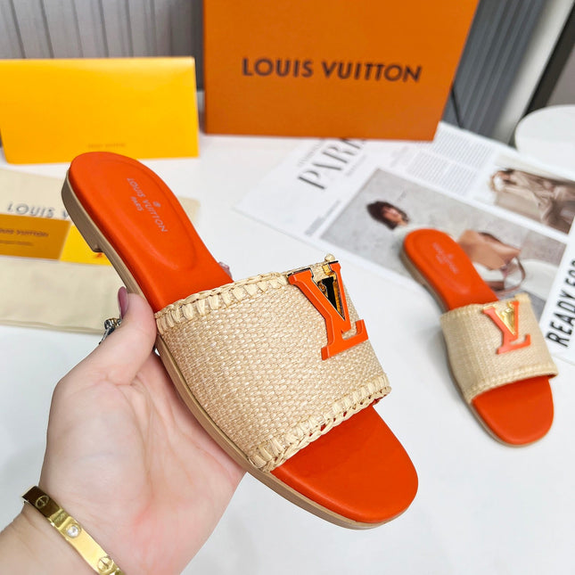 LV 26S FLAT SLIDES IN ORANGE CALFSKIN AND BEIGE RAFFIA