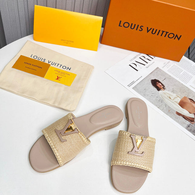 LV 26S FLAT SLIDES IN DARK BEIGE CALFSKIN AND RAFFIA