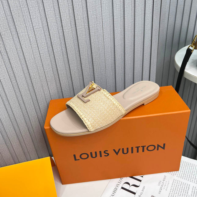 LV 26S FLAT SLIDES IN DARK BEIGE CALFSKIN AND RAFFIA