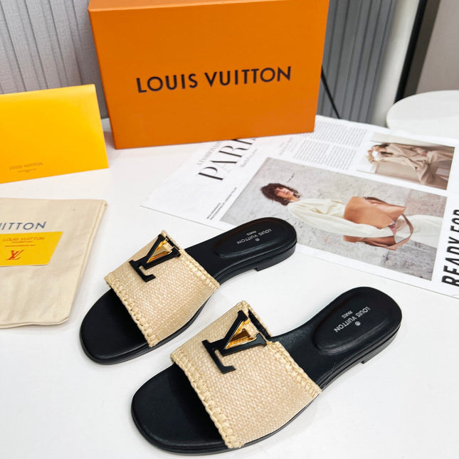 LV 26S FLAT SLIDES IN BLACK CALFSKIN AND BEIGE RAFFIA