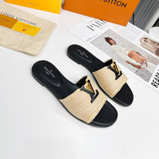 LV 26S FLAT SLIDES IN BLACK CALFSKIN AND BEIGE RAFFIA