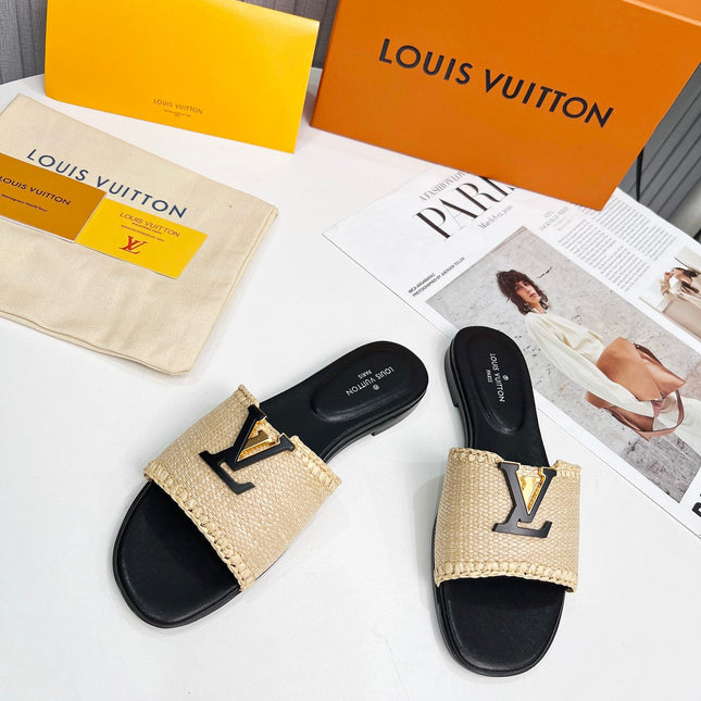 LV 26S FLAT SLIDES IN BLACK CALFSKIN AND BEIGE RAFFIA