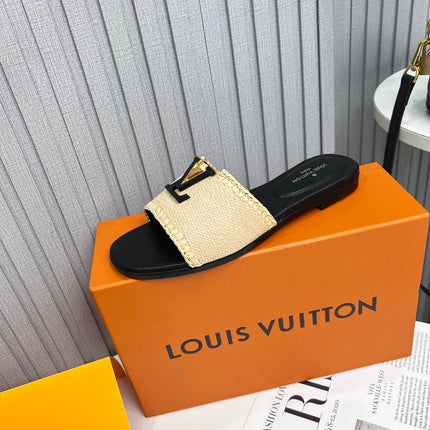 LV 26S FLAT SLIDES IN BLACK CALFSKIN AND BEIGE RAFFIA