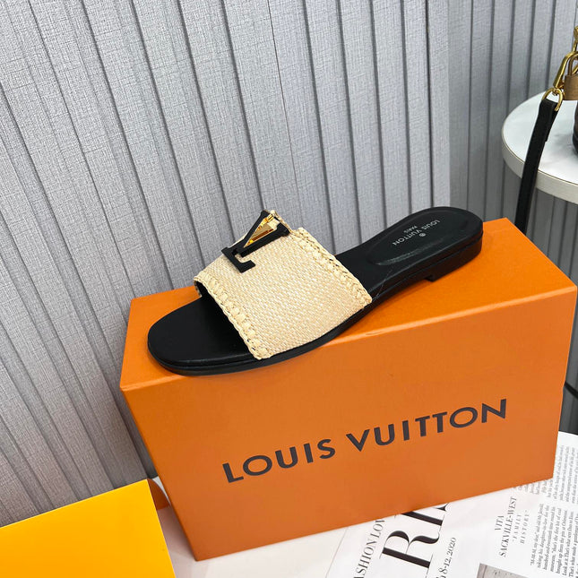 LV 26S FLAT SLIDES IN BLACK CALFSKIN AND BEIGE RAFFIA