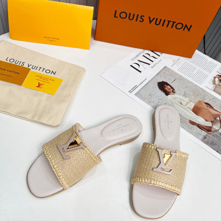 LV 26S FLAT SLIDES IN ASH BEIGE CALFSKIN AND RAFFIA