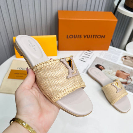 LV 26S FLAT SLIDES IN ASH BEIGE CALFSKIN AND RAFFIA
