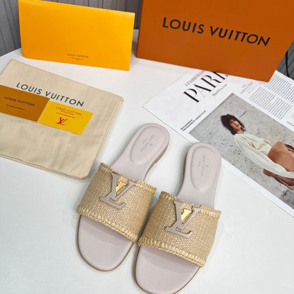 LV 26S FLAT SLIDES IN ASH BEIGE CALFSKIN AND RAFFIA