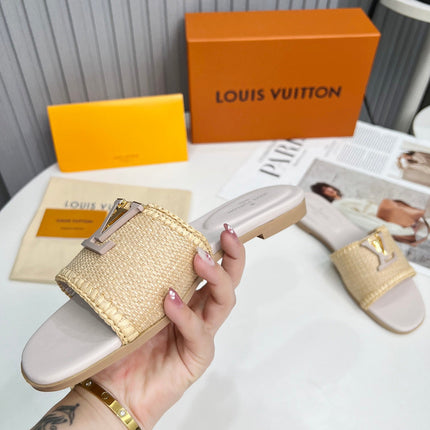 LV 26S FLAT SLIDES IN ASH BEIGE CALFSKIN AND RAFFIA