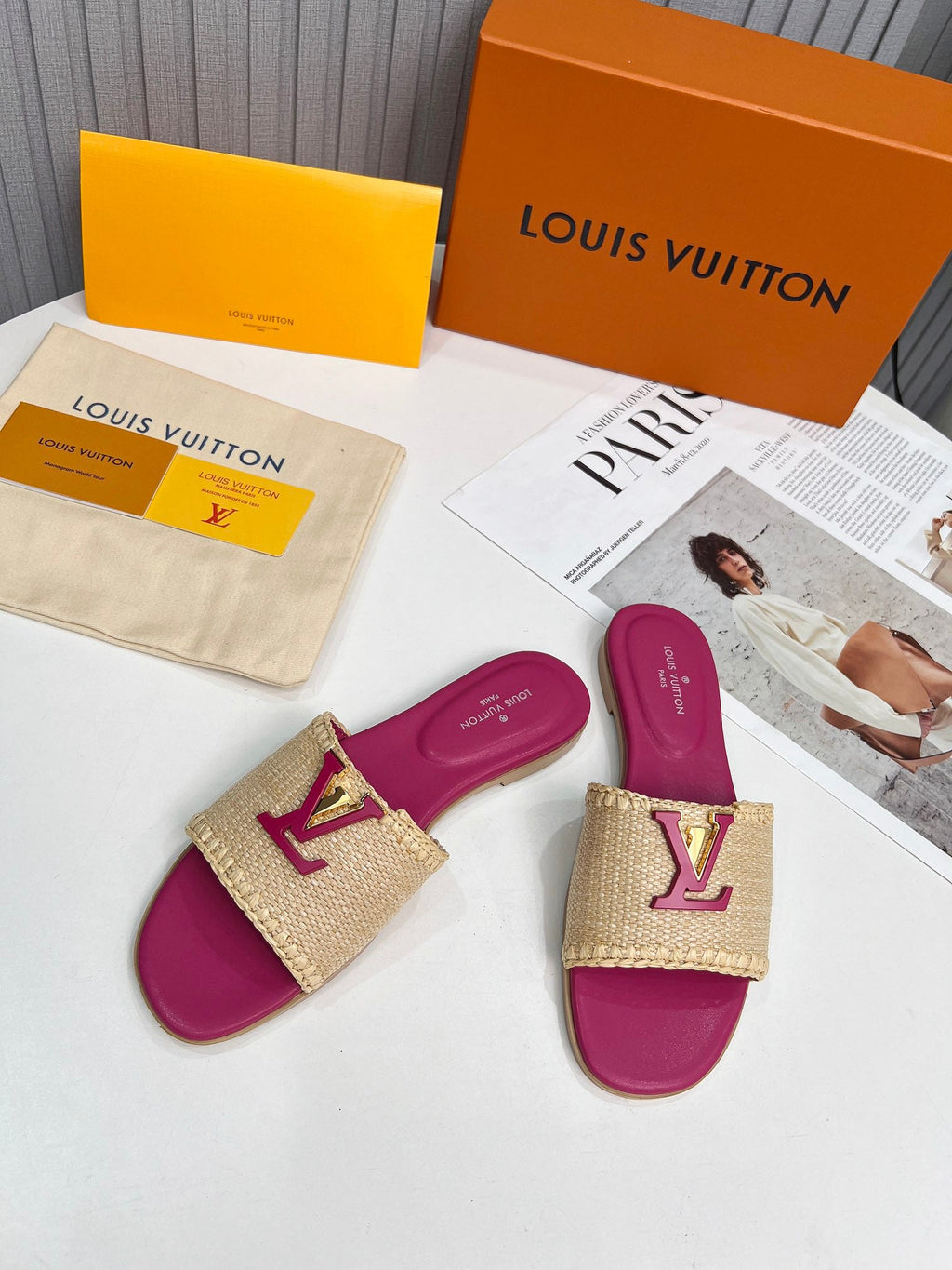 LV 26S FLAT SLIDES IN PINK CALFSKIN AND BEIGE RAFFIA
