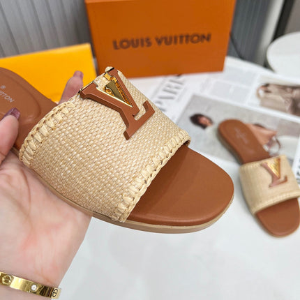 LV 26S FLAT SLIDES IN BROWN CALFSKIN AND BEIGE RAFFIA