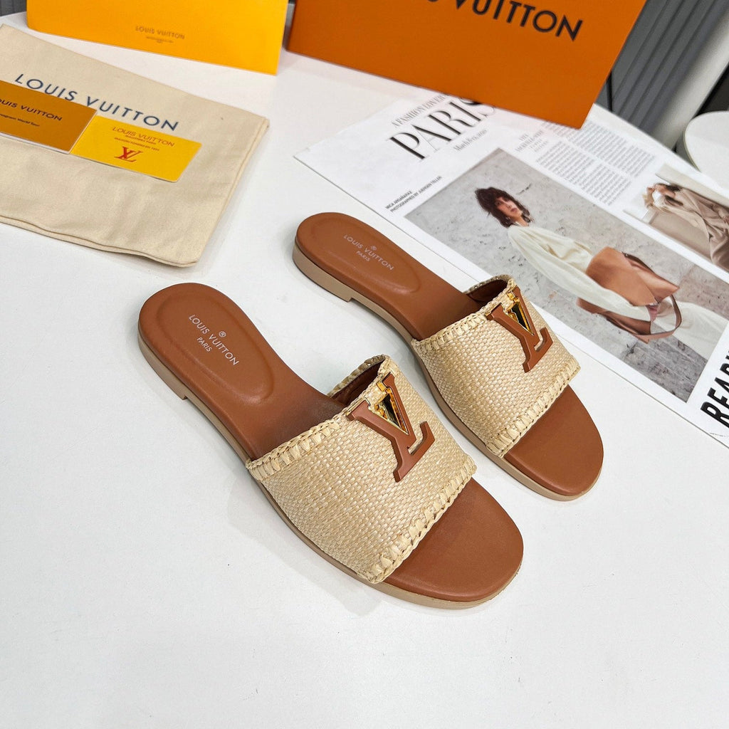 LV 26S FLAT SLIDES IN BROWN CALFSKIN AND BEIGE RAFFIA