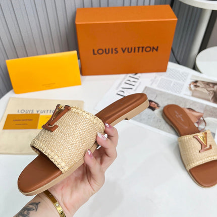 LV 26S FLAT SLIDES IN BROWN CALFSKIN AND BEIGE RAFFIA