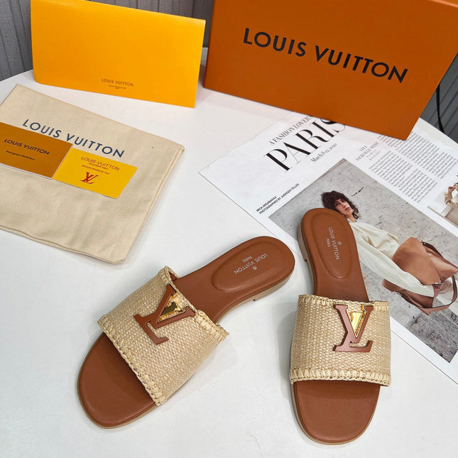 LV 26S FLAT SLIDES IN BROWN CALFSKIN AND BEIGE RAFFIA