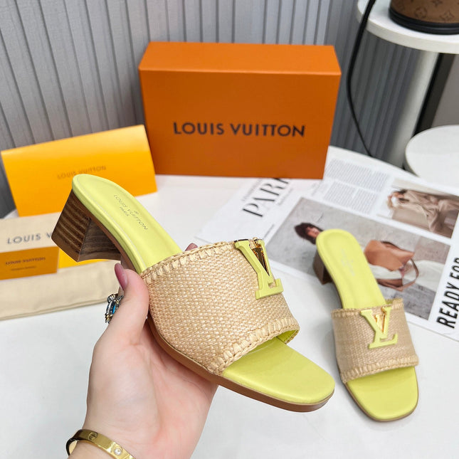 LV 26S CAPRI HIGH-HEELED MULES IN LIGHT YELLOW CALFSKIN AND BEIGE RAFFIA