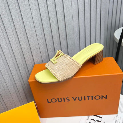 LV 26S CAPRI HIGH-HEELED MULES IN LIGHT YELLOW CALFSKIN AND BEIGE RAFFIA