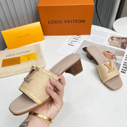 LV 26S CAPRI HIGH-HEELED MULES IN DARK BEIGE CALFSKIN AND RAFFIA