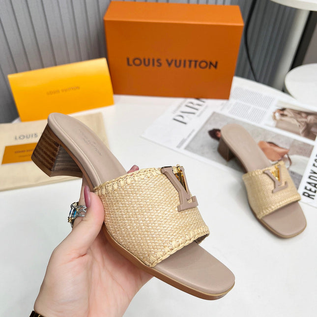 LV 26S CAPRI HIGH-HEELED MULES IN DARK BEIGE CALFSKIN AND RAFFIA