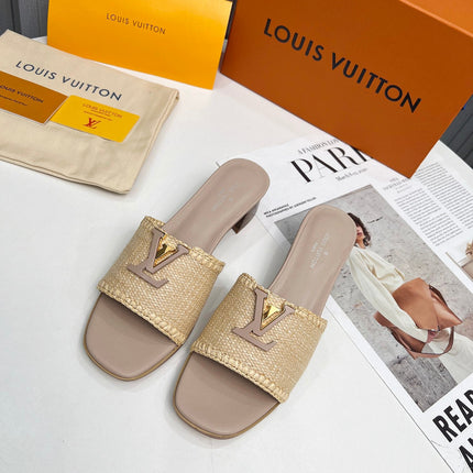 LV 26S CAPRI HIGH-HEELED MULES IN DARK BEIGE CALFSKIN AND RAFFIA