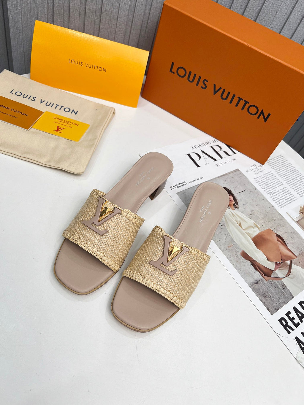 LV 26S CAPRI HIGH-HEELED MULES IN DARK BEIGE CALFSKIN AND RAFFIA