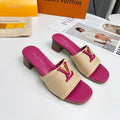 LV 26S CAPRI HIGH-HEELED MULES IN PINK CALFSKIN AND BEIGE RAFFIA