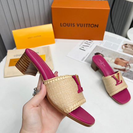 LV 26S CAPRI HIGH-HEELED MULES IN PINK CALFSKIN AND BEIGE RAFFIA