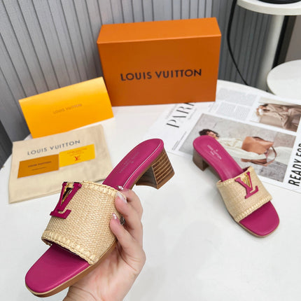 LV 26S CAPRI HIGH-HEELED MULES IN PINK CALFSKIN AND BEIGE RAFFIA