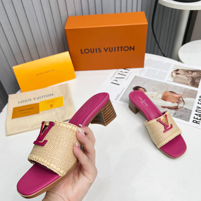 LV 26S CAPRI HIGH-HEELED MULES IN PINK CALFSKIN AND BEIGE RAFFIA