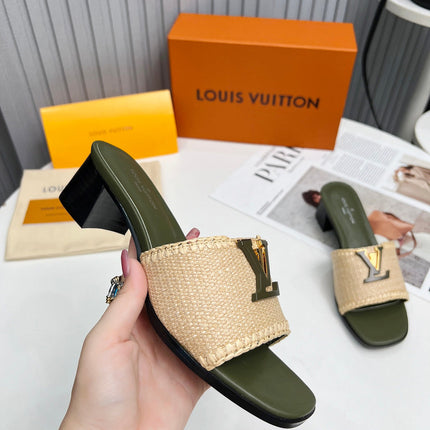 LV 26S CAPRI HIGH-HEELED MULES IN MOSS GREEN CALFSKIN AND BEIGE RAFFIA