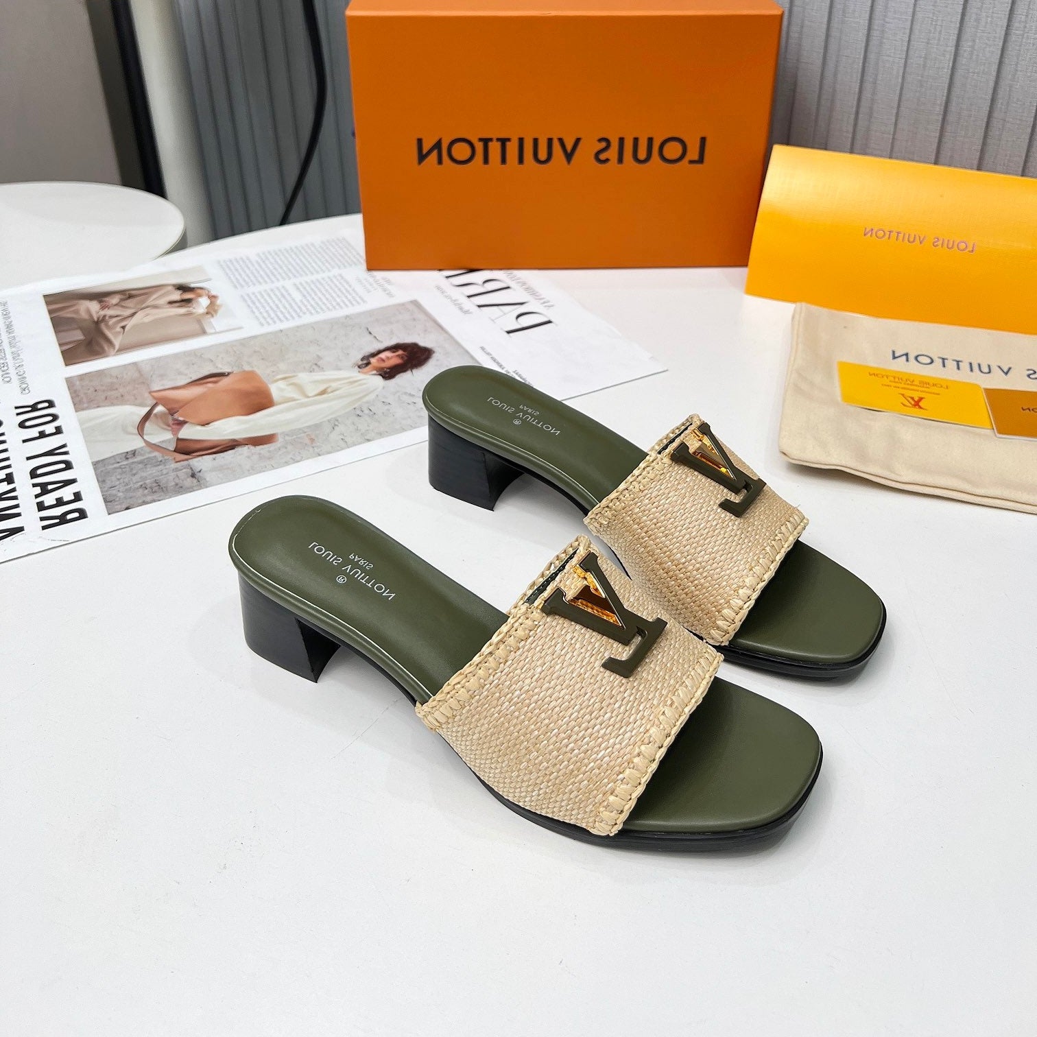 LV 26S CAPRI HIGH-HEELED MULES IN MOSS GREEN CALFSKIN AND BEIGE RAFFIA