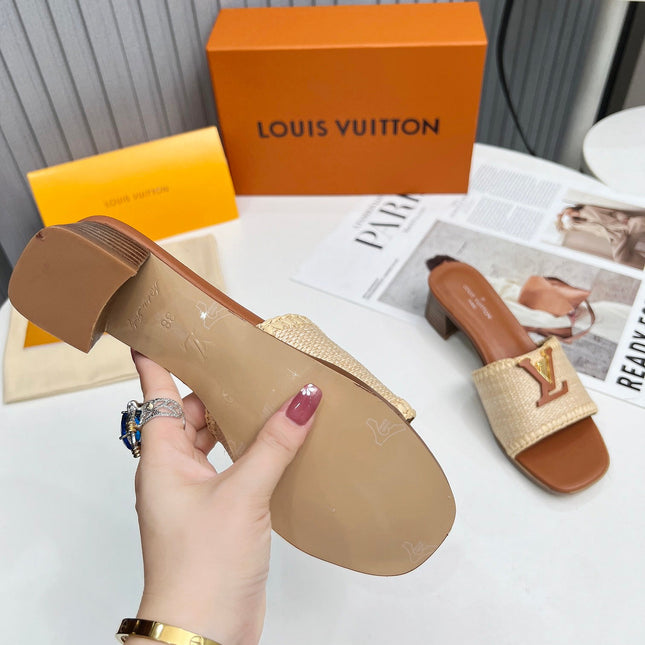 LV 26S CAPRI HIGH-HEELED MULES IN BROWN CALFSKIN AND BEIGE RAFFIA