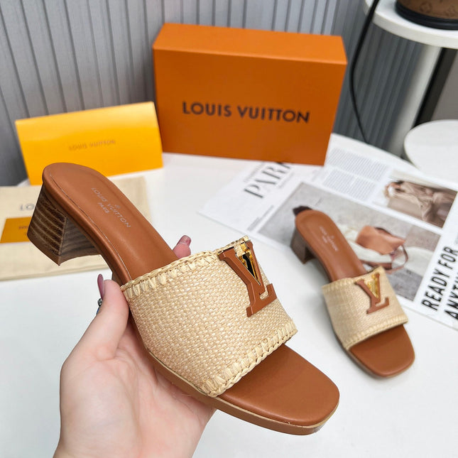 LV 26S CAPRI HIGH-HEELED MULES IN BROWN CALFSKIN AND BEIGE RAFFIA