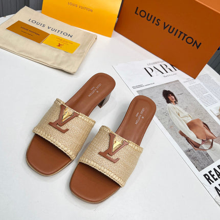LV 26S CAPRI HIGH-HEELED MULES IN BROWN CALFSKIN AND BEIGE RAFFIA
