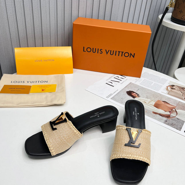 LV 26S CAPRI HIGH-HEELED MULES IN BLACK CALFSKIN AND BEIGE RAFFIA