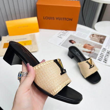 LV 26S CAPRI HIGH-HEELED MULES IN BLACK CALFSKIN AND BEIGE RAFFIA
