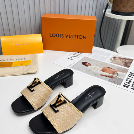 LV 26S CAPRI HIGH-HEELED MULES IN BLACK CALFSKIN AND BEIGE RAFFIA