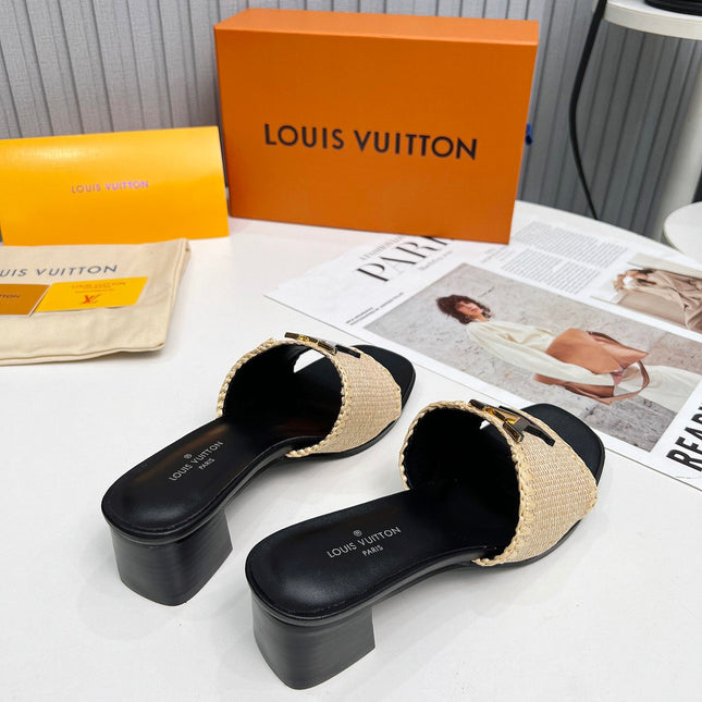 LV 26S CAPRI HIGH-HEELED MULES IN BLACK CALFSKIN AND BEIGE RAFFIA