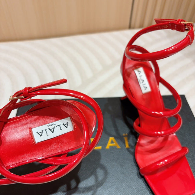 ALAIA THREE-STRAPS HIGH HEEL SANDALS IN CHERRY RED PATENT LAMBSKIN
